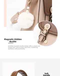 Detail of brown faux leather backpack featuring magnetic buckle and soft handle with pompom