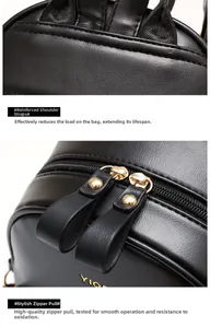 Detail of reinforced shoulder strap stitching and smooth golden metal zipper on black leather bag