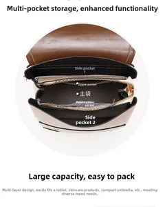 Detail view of the multi-pocket interior storage with zipper and compartments of the beige backpack