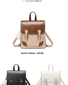Detailed color display of vintage backpacks in brown, black, and white with bear embossed