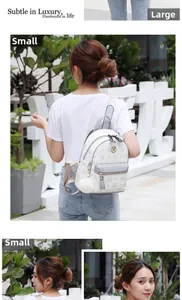 Detaillierter Größenvergleich des Monogramm-Rucksacks in klein und groß am Modell