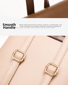 Detail of beige PU leather backpack featuring golden metal adjustment buckles and brown strap