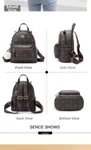 Detailansicht der Vorder-, Seiten-, Rück- und Unterseite des braunen kleinen Rucksacks