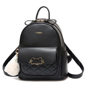 Women Fashion Quilted PU Leather Mini Backpack With Cute Cat Ear Lock And Fur Ball Pendant Casual Bag For Shopping Travel