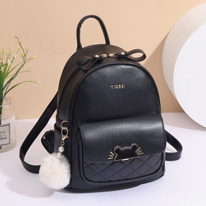 Fashionable black PU leather mini backpack with quilted pattern and plush ball pendant
