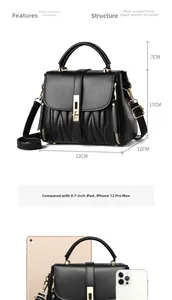 Size comparison of striped crossbody bag with 9.7-inch iPad and iPhone 12 Pro Max