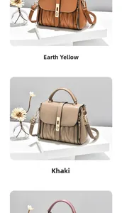 Detail view of khaki and yellow quilted PU leather handbags with metallic locks