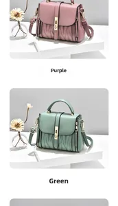 Detail of trendy small square bags in violet and green with V-shaped pleated stitching