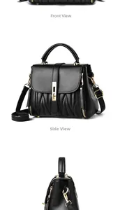 Front and slight side views of black textured handbag with pleated seams and gold hardware