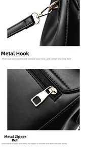 Close-up of golden metal hardware D-ring and smooth zipper puller on black leather bag