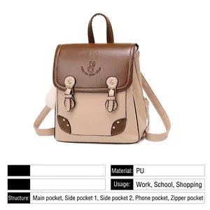 Women's mini PU leather backpack with vintage bear pattern and khaki-brown color scheme