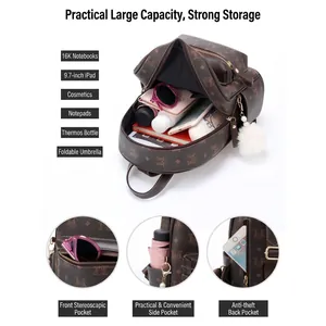 Modischer brauner Damenrucksack mit Monogramm, viel Stauraum und Anti-Diebstahl-Tasche