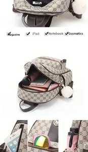 Detail view of the vintage printed backpack interior pockets and spacious main compartment