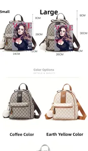 Size comparison and color options for monogram backpacks with plush ball pendant