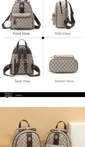 Detail view of vintage monogram backpack with faux fur pendant and metal logo accent