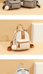 Detail of stylish women's backpack with retro logo texture and soft plush ball charm