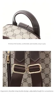 Detail of monogram canvas backpack with textured PU handle and adjustable gold metal buckle