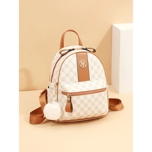 Women Fashion Backpack PU Leather Vintage Monogram Print Small Schoolbag Travel Casual Bag With Pom Pom Charm
