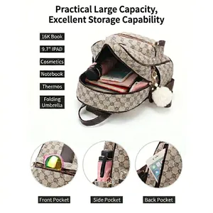Fashionable beige printed backpack with large capacity for laptop and daily travel essentials