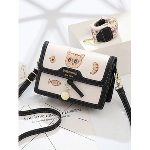 Damen Mode Katze Stickerei Schultertasche PU Leder Umhängetasche Kleine Quadratische Tasche Farbblock Handtasche Zwei Gurte