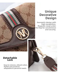 Detail of magnetic buckle, jacquard fabric, and golden hardware on a brown shoulder bag