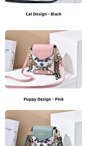 Detail of pink crossbody phone bag featuring a husky pattern and silk scarf handle