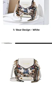 Detail of white mini crossbody bag with cartoon bear print and silk scarf accessory