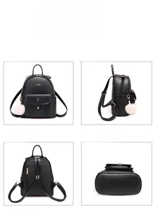 Vues détaillées d'un sac à dos en similicuir noir avec pompon en peluche et poche avant
