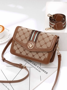 Brown vintage leather shoulder bag with monogram canvas and striped webbing detail