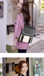 Detail of contrast-color backpack featuring rose embossing and metal buckle straps