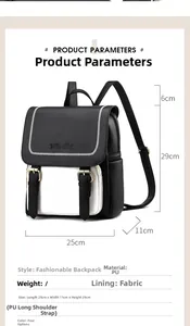 Detailed size parameters for the black and white PU leather backpack with gold hardware