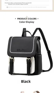 Detail view of the black and white faux leather backpack showing multi-pocket interior structure