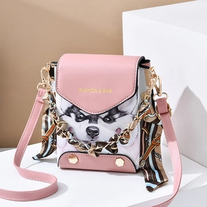 Mini husky print crossbody bag in pink and white with silk scarf and chain strap