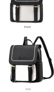 Front and side view of contrast black and white leather backpack with rose embossing