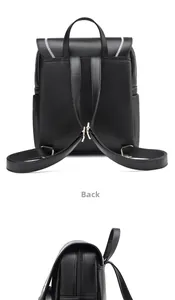 Detail of British style black backpack showing the back straps and white zigzag stitching
