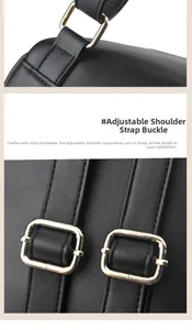 Detail of adjustable gold-tone buckles and fine stitching on the black leather backpack straps