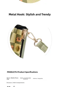 Detail of yellow checkered phone bag with cartoon tiger print and golden metal buckles