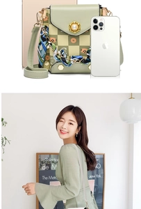 Mini crossbody bag in sage green with pearl buckle and scarf-wrapped chain strap detail