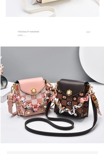 Detailed view of mini checkered crossbody bags with pearl buckles and scarf-wrapped chains