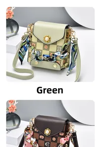Detailed view of checkered mini bags with pearl clasp and silk scarf chain strap