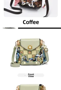 Detail view of mini checkered crossbody bag with pearl flower buckle and silk chain handle