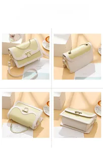 Vues détaillées du sac à bandoulière en cuir vert et beige avec chaîne dorée et fermoir