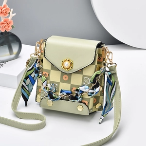 Women Mini Crossbody Bag PU Leather Checkerboard Cartoon Cat Print Artificial Pearl Buckle Scarf Handle Shoulder Bag