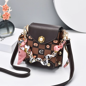 Mini Crossbody Bag PU Leather Checkerboard Cartoon Cat Artificial Pearl Buckle Satin Scarf Chain Handle Multi Compartment Women