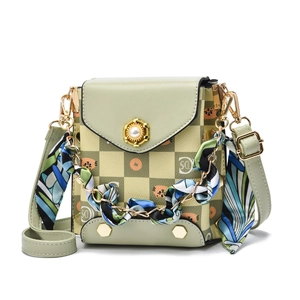 Mini green checkered crossbody bag with cat print and silk scarf handle detail
