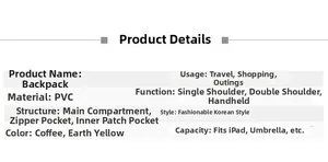 Detailed specifications of PVC backpack showing compartments and versatile carrying options