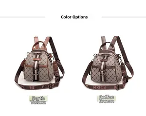 Detail view of khaki and coffee synthetic leather backpacks with monogram pattern and straps