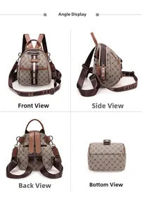 Detailed views of multi-functional vintage backpack with brown monogram and woven straps