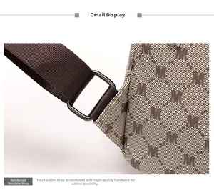 Detail of nylon shoulder strap and metal buckle on monogram printed mini backpack