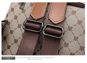 Detail of adjustable brown nylon shoulder strap with dark gray metal buckle on a mini backpack